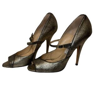 Jimmy Choo Crinkle Metallic Gunmetal Silver Sexy Mary Jane Peep Toe Heels EU 40